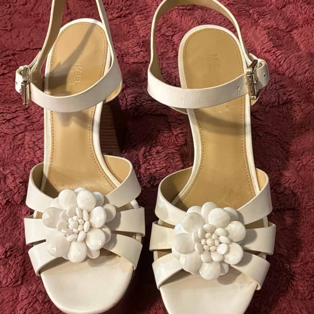 Michael Kors White Floral Leather Block Heel Slingbacks